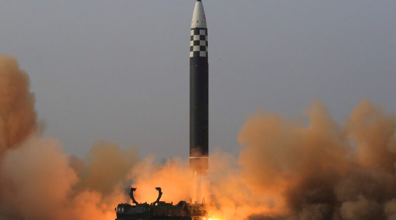 General view during the test firing of what state media report is a North Korean "new type" of intercontinental ballistic missile (ICBM)