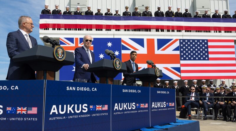 13/03/2023. San Diego, United States. The Prime Minister Rishi Sunak, the Prime Minister of Australia Anthony Albanese and the President of the United States of America Joe Biden make a joint statement about future military collaboration at San Diego Naval Base. Picture by Simon Walker / No 10 Downing Street